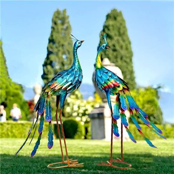 Peacock Statue Garden Decor Metal Peacock Yard Art Decorations, Set of 2 - Picture 1 of 6
